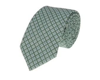 Green Check Cotton Necktie: Mens Wedding Plaid Skinny Tie