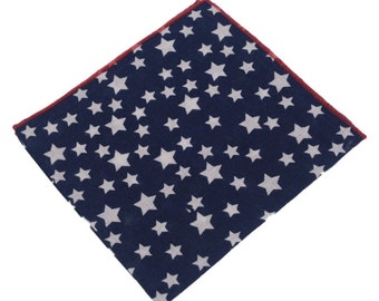 Navy Pocket Square With White Stars.Mens Hanky.Wedding Pocket Square.Navy Cotton Hanky