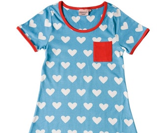 Woman dress, organic, sustainable, retro, minimalistic, blue hearts, hippie, twinning, matching, mom, ladies