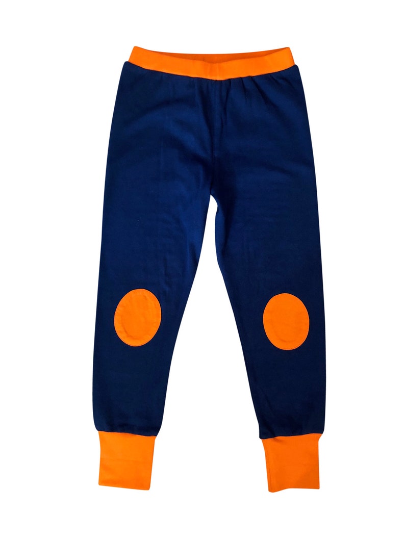 Kids baggy pants ORANGE KNEE PATCHES soft organic dark blue image 3