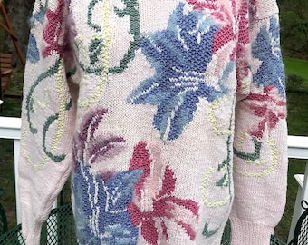 Jennifer Reed Vintage Donna Maglione Pullover Lavorato a Mano Fiori Rosa Foglie Anni '80 - '90 Medio