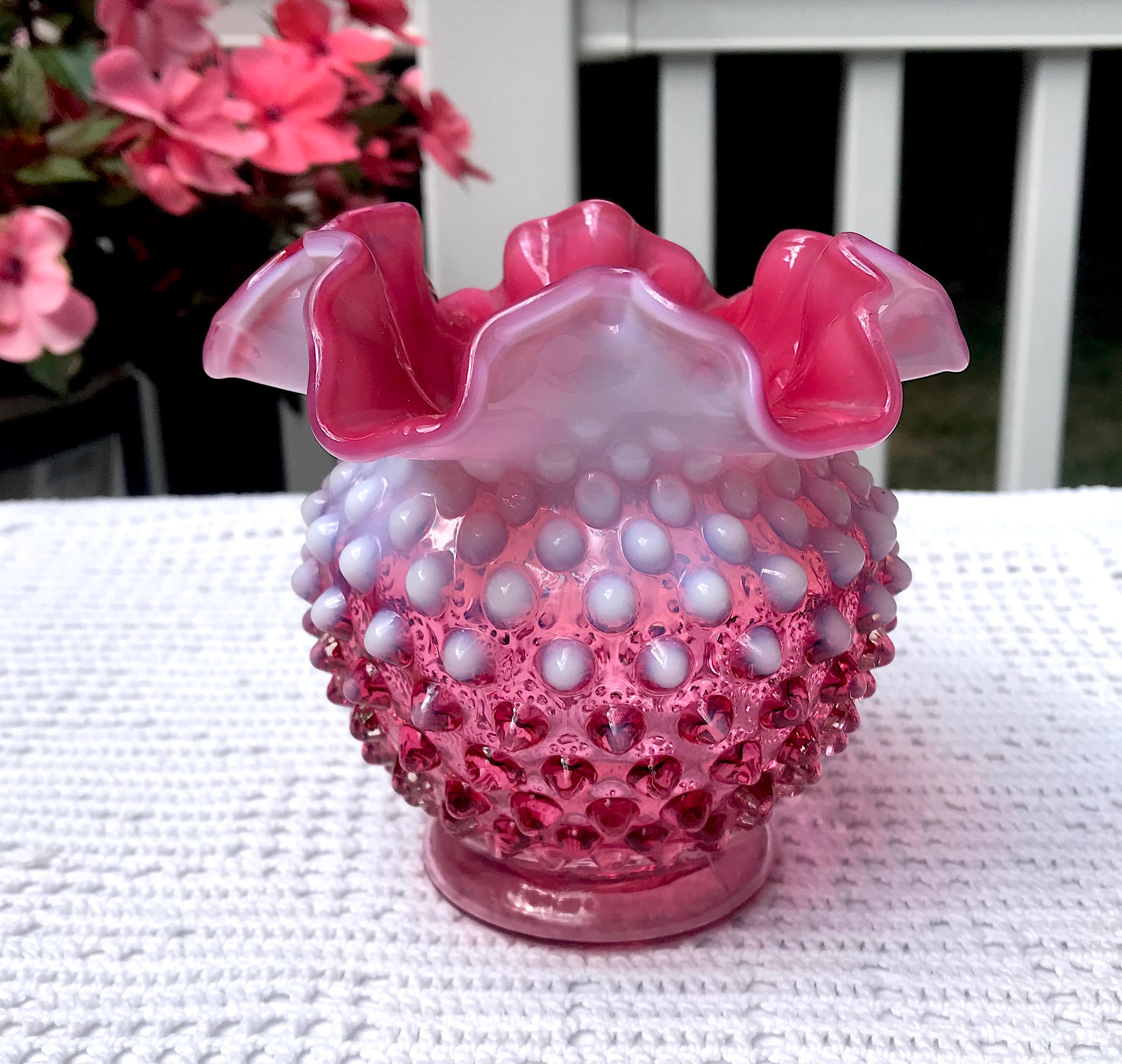Fenton Cranberry Opalescent Hobnail Rose Bowl Vase – Double