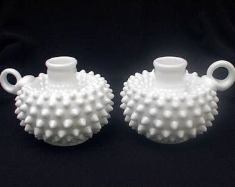 Fenton Candle Holders Candlesticks White Milk Glass Hobnail 3870 MI Colonial