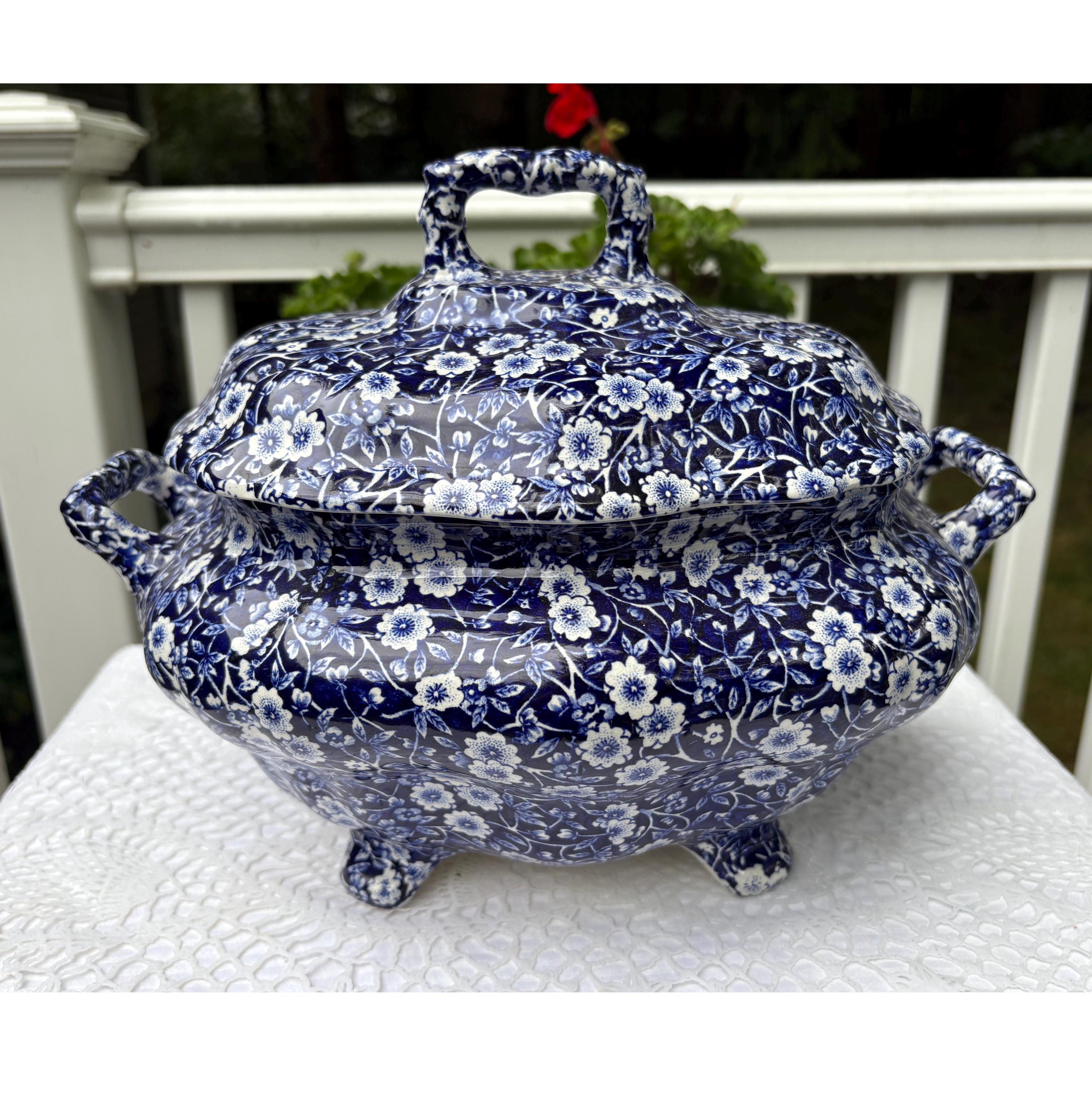 Calico Blue Lidded Tureen Staffordshire England Royal Crownford