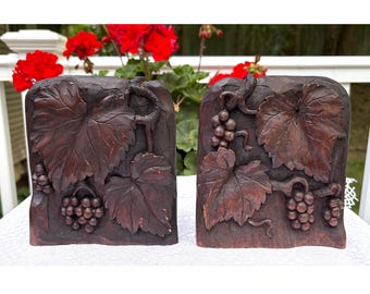 Vintage Bookends Grapes Leaves Leaf Wood Composite Probably Syroco