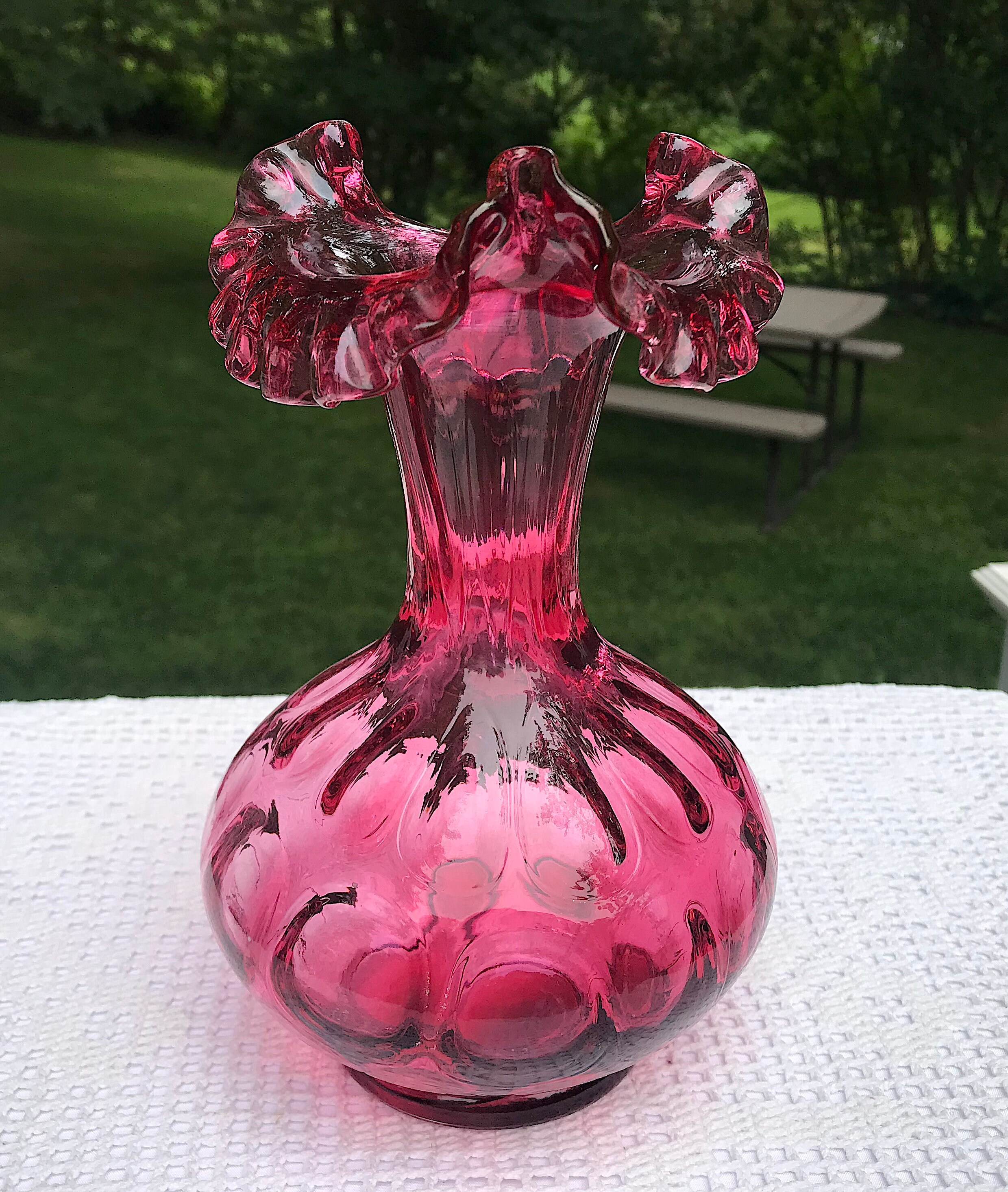 Fenton Art Glass Dot Optic Coin Spot Cranberry 8" Vase 192 Ruffled ...