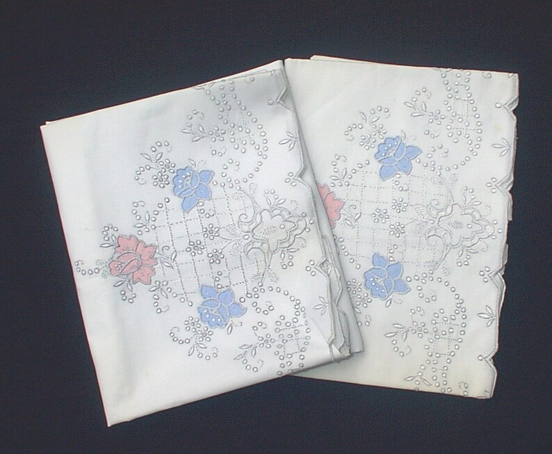 Pair Set of Two CLEAN Vintage White Pillowcases Embroidery Pink Blue Flowers