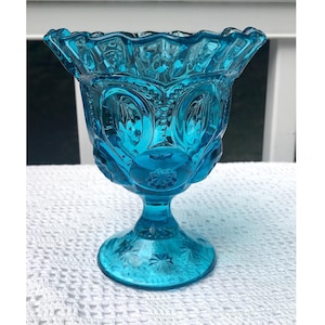Moon And Star Blue 5 1/2&quot; Compote Candy Dish Crimped Ruffled 1940s Fenton For L E Smith Glass