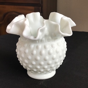 Fenton Art Milk Glass Hobnail 3854 Rose Bowl Flower Vase Pot 4&quot; Double Crimped