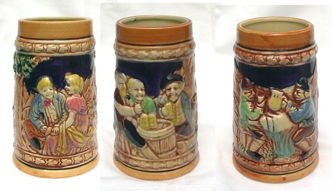 SET OF THREE Vintage Hand Painted Beer Mugs Steins Enesco Japan German Beer Garden 5 1/4 Tall Etsy