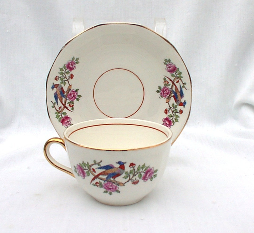Bird Pheasant on Branch Flowers French China Company Cup and Saucer Sets Martha Washington Shape