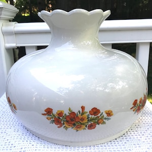 Vintage  White Porcelain Lamp Globe Ruffled Orange Yellow Flowers Shade 10&quot; Fitter