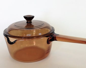 Corning Ware Pyrex Vision Amber 1  Liter Stove Top Pour Spout Pan And Lid