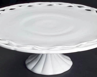 Colony Mid Century White Milk Glass Cake Stand Lace Edge