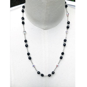 Vintage Hand Made Rosary Chain Necklace Black And Crystal Glass  Beads