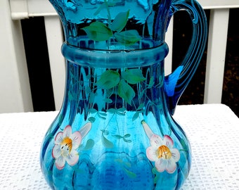 Vintage Victorian Hand Painted Blue Glass Pitcher Flowers Leaves