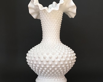 Fenton Milk Glass Hobnail 10 1/2 Inch Vase 3752 Ruffled Crimped