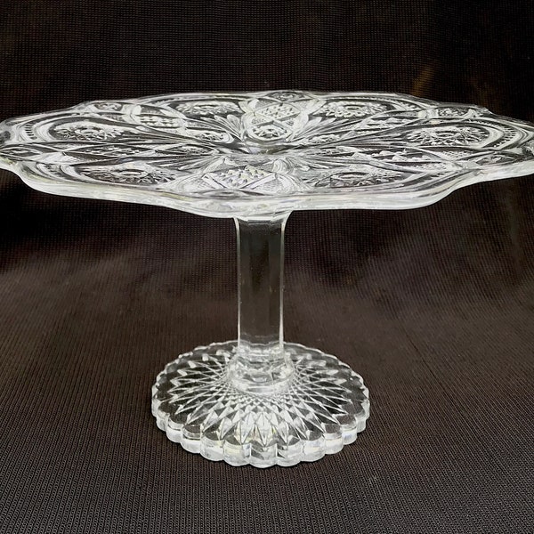Vintage Clear Glass Small Cake Dessert Plate Stand Hobstar And Diamonds