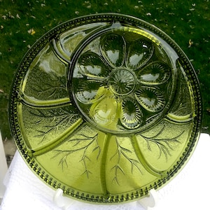 Olive Avocado Green Large Glass Hors D&#39;Oeuvres Relish Deviled Egg Holiday Serving Tray Indiana Glass NIB Plate Platter