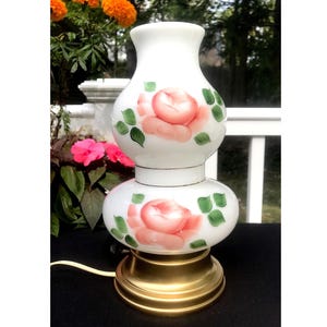 Vintage Hurricane Lamp Milk Glass Roses Flowers  Courting Night Table Bed