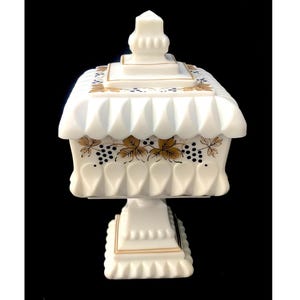 Westmoreland Tall Large 1960 Milk Glass 1874 Wedding Cake Box Vanity Candy Comport Gold Leaves Grapes