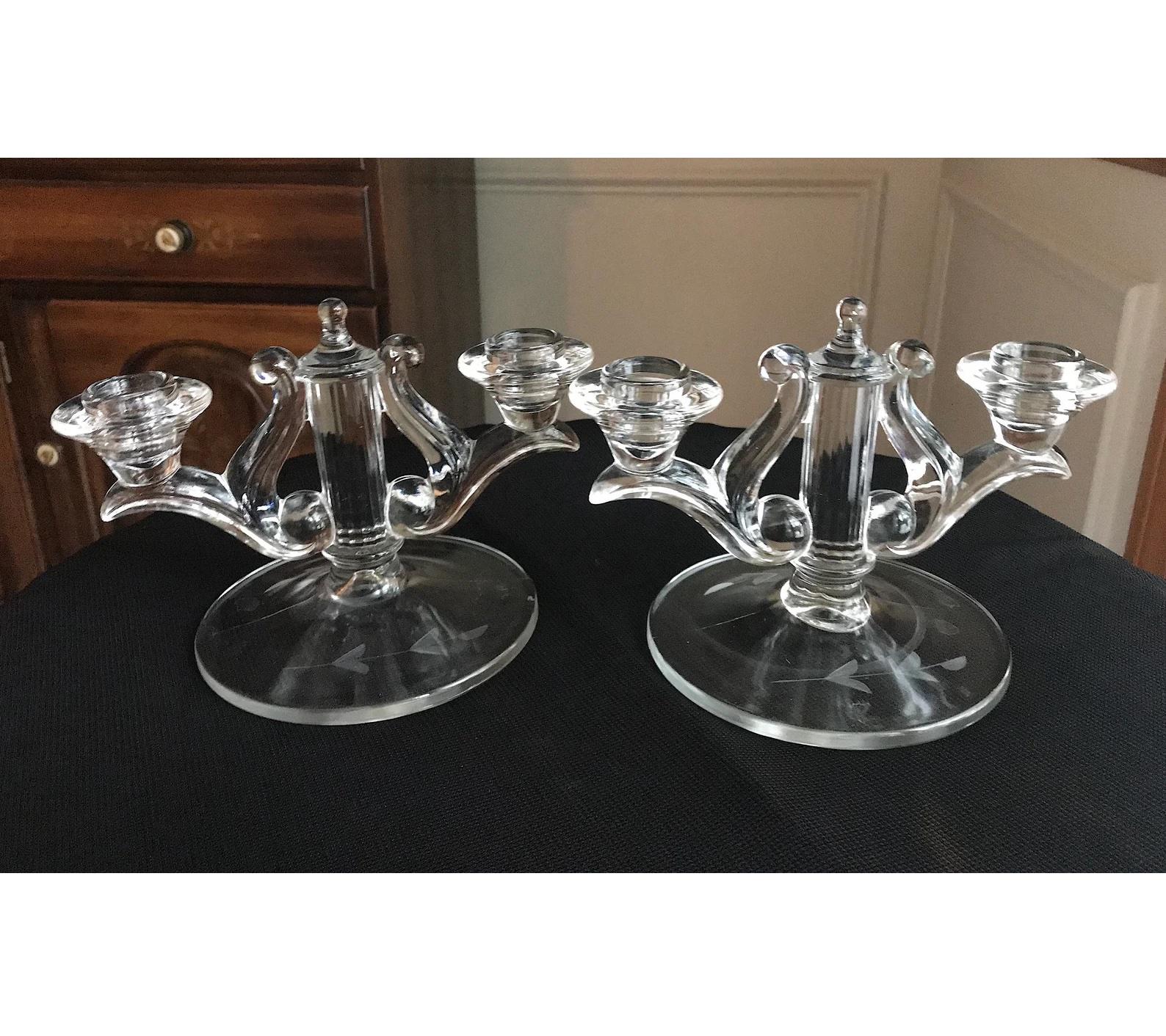 Vintage Candlesticks  Rare Pair Crystal Etched Glass Harp Lyre Candelabra Very Early