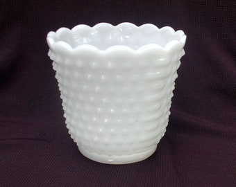 Vintage Fire King White Milk Glass Hobnail Flower Pot Jardiniere 4 3/8"