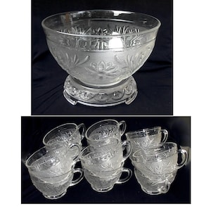Anchor Hocking Crystal Sandwich Punch Bowl Base & 12 Cups Set