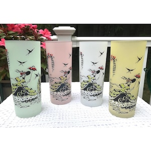 Set of FOUR Vintage 6 1/2&quot; Satin Glass Tall Glasses Tumblers Southern Belle Lady In Garden Pink Yellow Green White