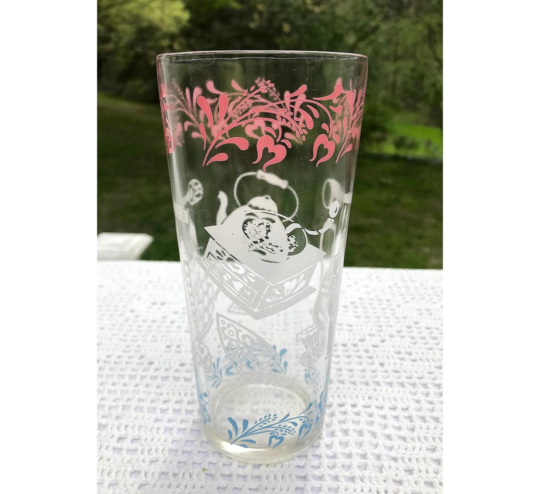 Hazel Atlas Kitchen Aids 12 Ounce Tumblers Glasses Pink Blue White