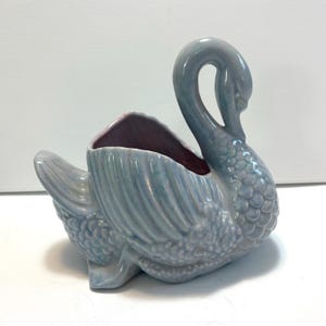 Large Vintage Gonder Ceramic Arts Swan Planter J 31 Blue Luster Glaze Pink Interior