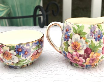 Old Foley Chintz Du Barry Individual Creamer And Sugar James Kent England