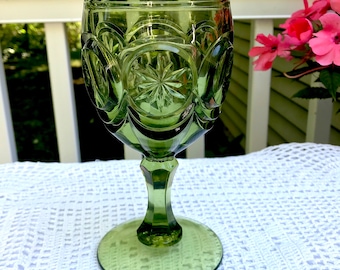 SET OF FOUR Knobby Bull's Eye Green 6 3/4" Water Wine Goblets Fenton For Red Cliff  Moon And Stars