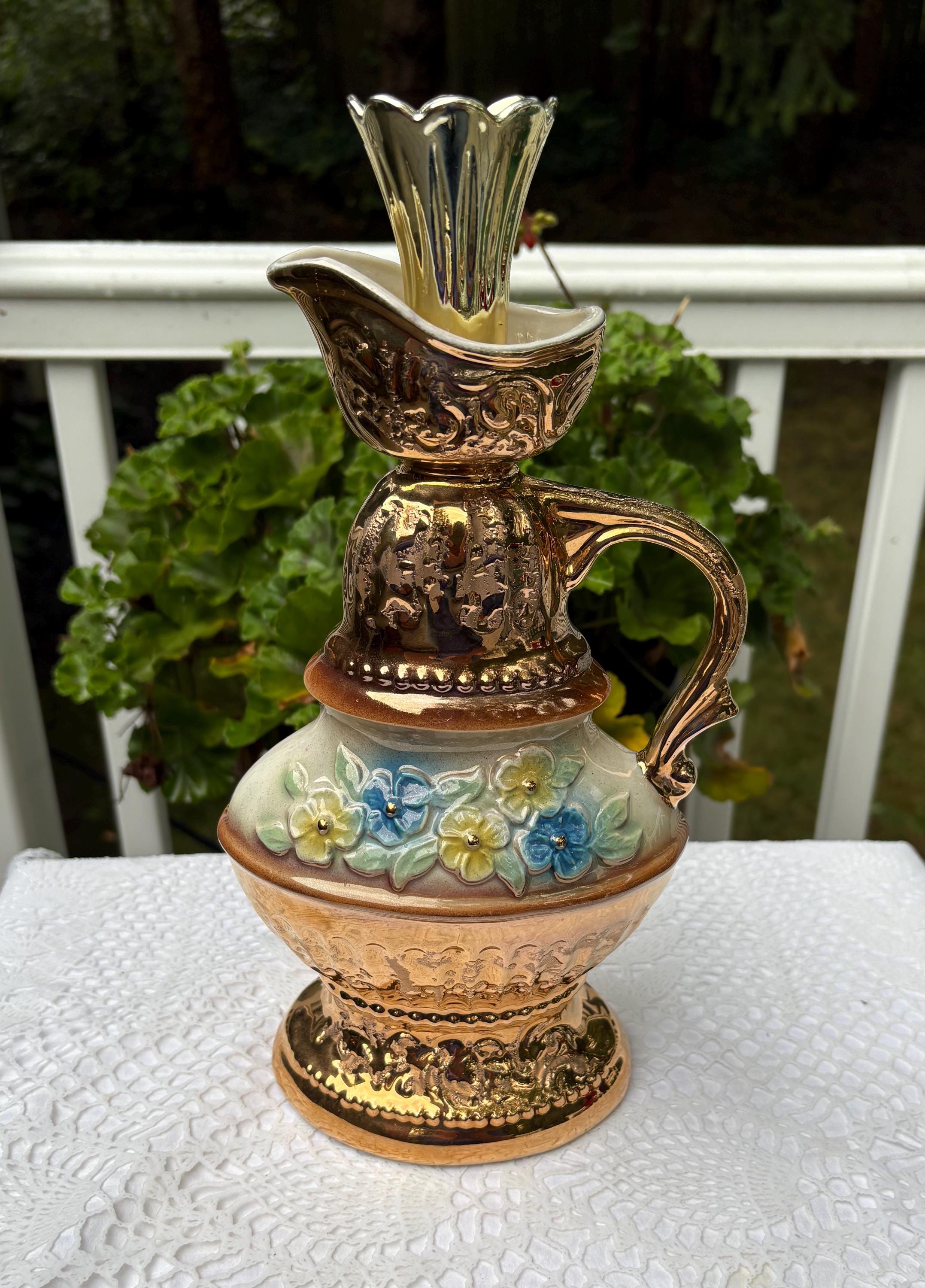 Jim Beam Whiskey Decanter Pitcher Bottle Gold Trim Flowers 1976