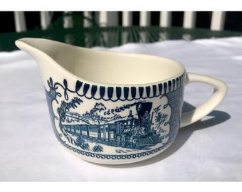 Royal China Blue Currier And Ives Creamer 1970s Train Railroad Steam Engine Locomotive