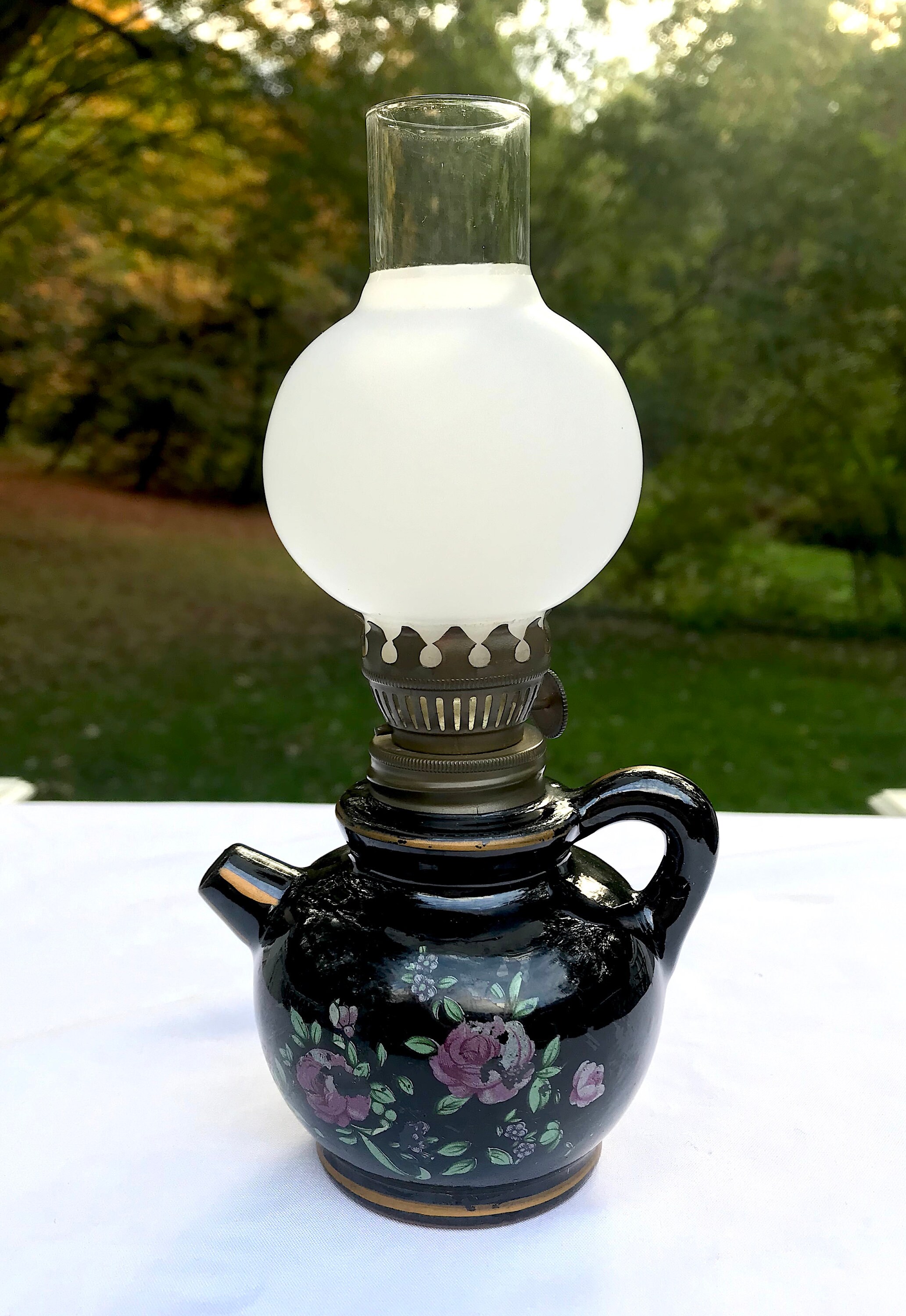 Vintage Wales Japan Miniature Oil Lamp Kettle Tea Pot Pink Flowers