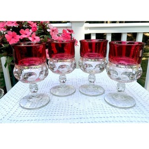 Tiffin Glass King&#39;s Crown Ruby Red Flashed 5 5/8&quot; Water Wine Goblets Set of Four