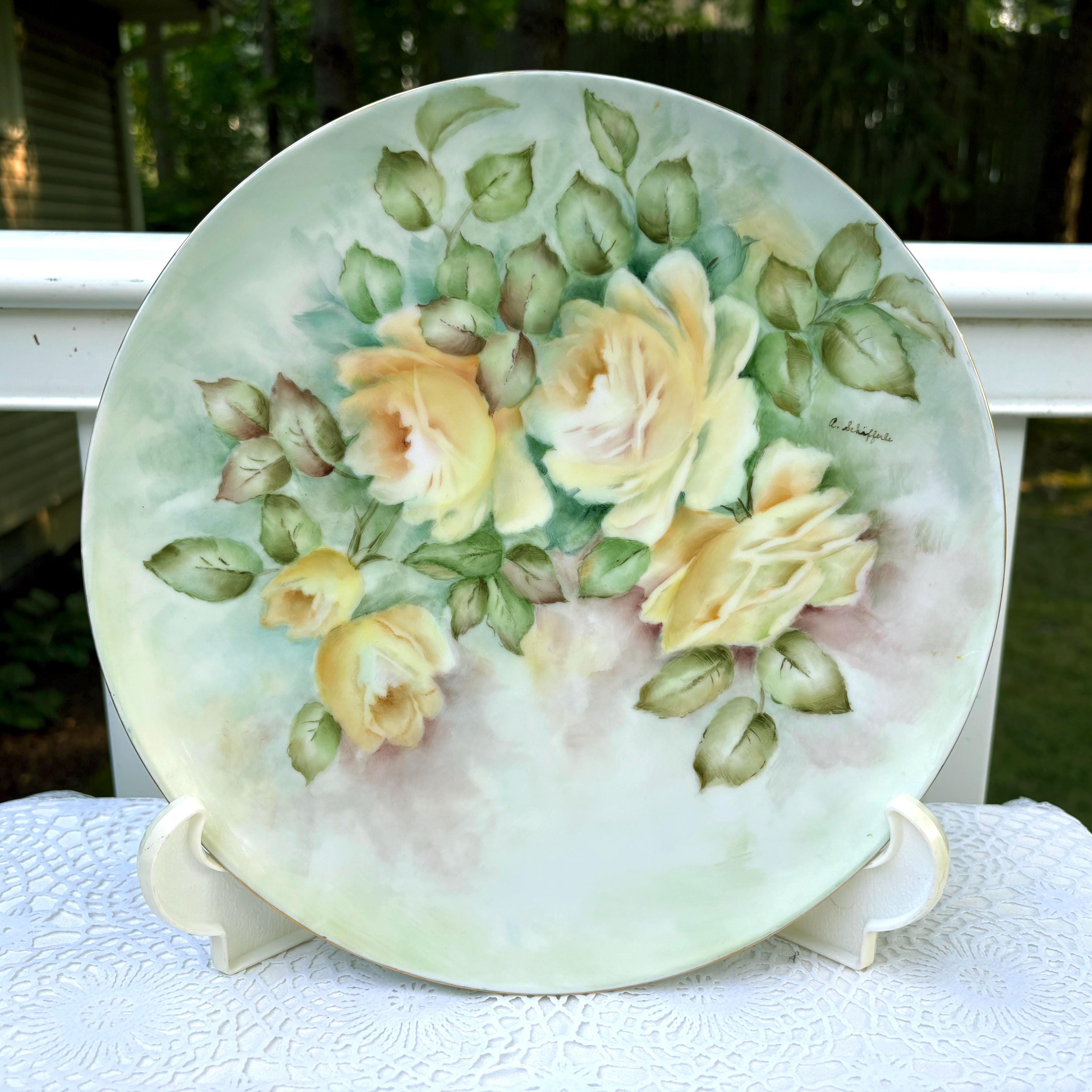 稀少] フッチェンロイター手描きバラの花柄 中皿3枚 稀少] フッチェン