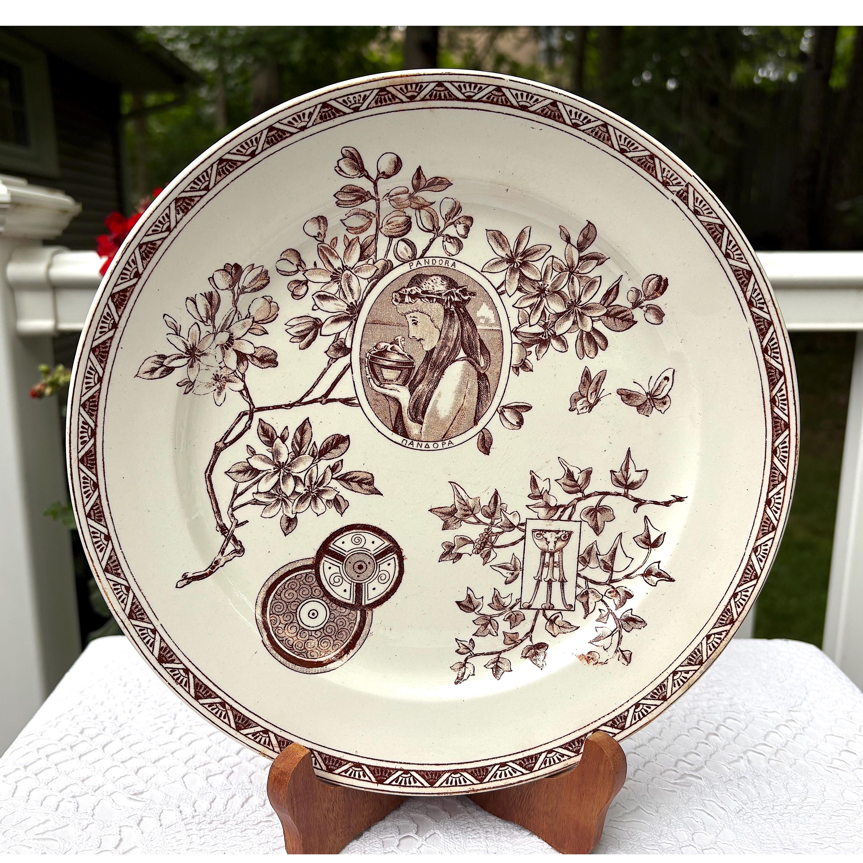 PANDORA Antique Aesthetic Movement Brown Transferware 10" Dinner Plate Wallis Gimson  Late 1800s