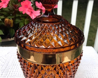 Indiana Glass Diamond Point Amber With Gold Band Ice Bucket