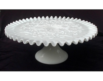 Fenton Art Glass Milk Glass Spanish Lace Ruffled Crimped Pie Crust Edge Cake Stand Mid Century