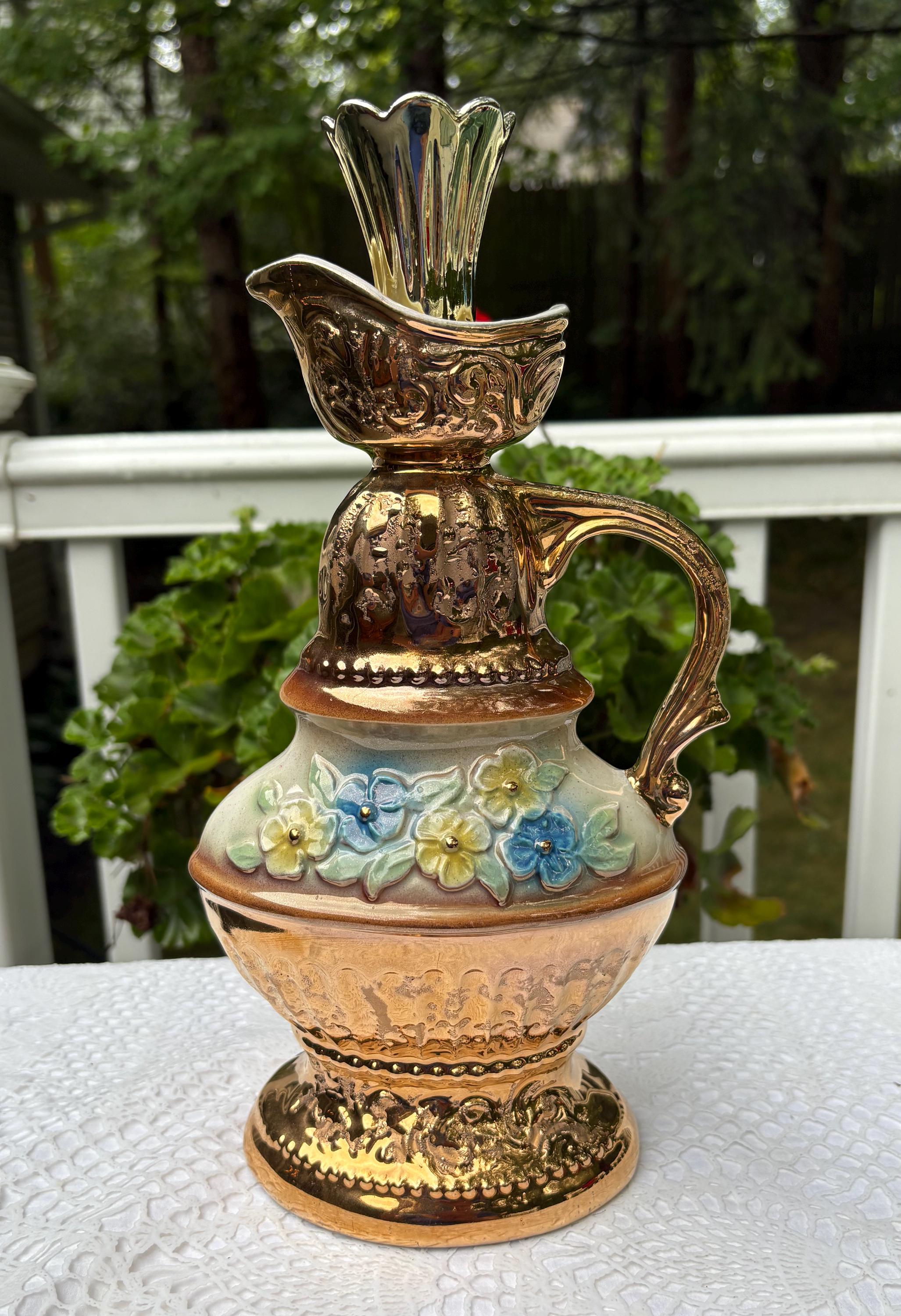 Jim Beam Whiskey Decanter Pitcher Bottle Gold Trim Flowers 1976