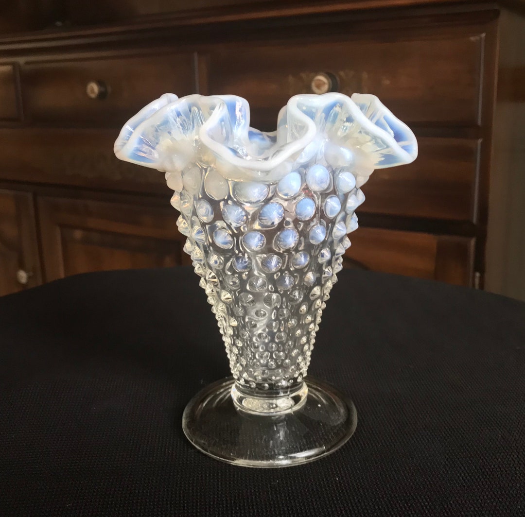 Fenton Art Glass French Opalescent Hobnail Footed Vase Double Crimped 5 ...