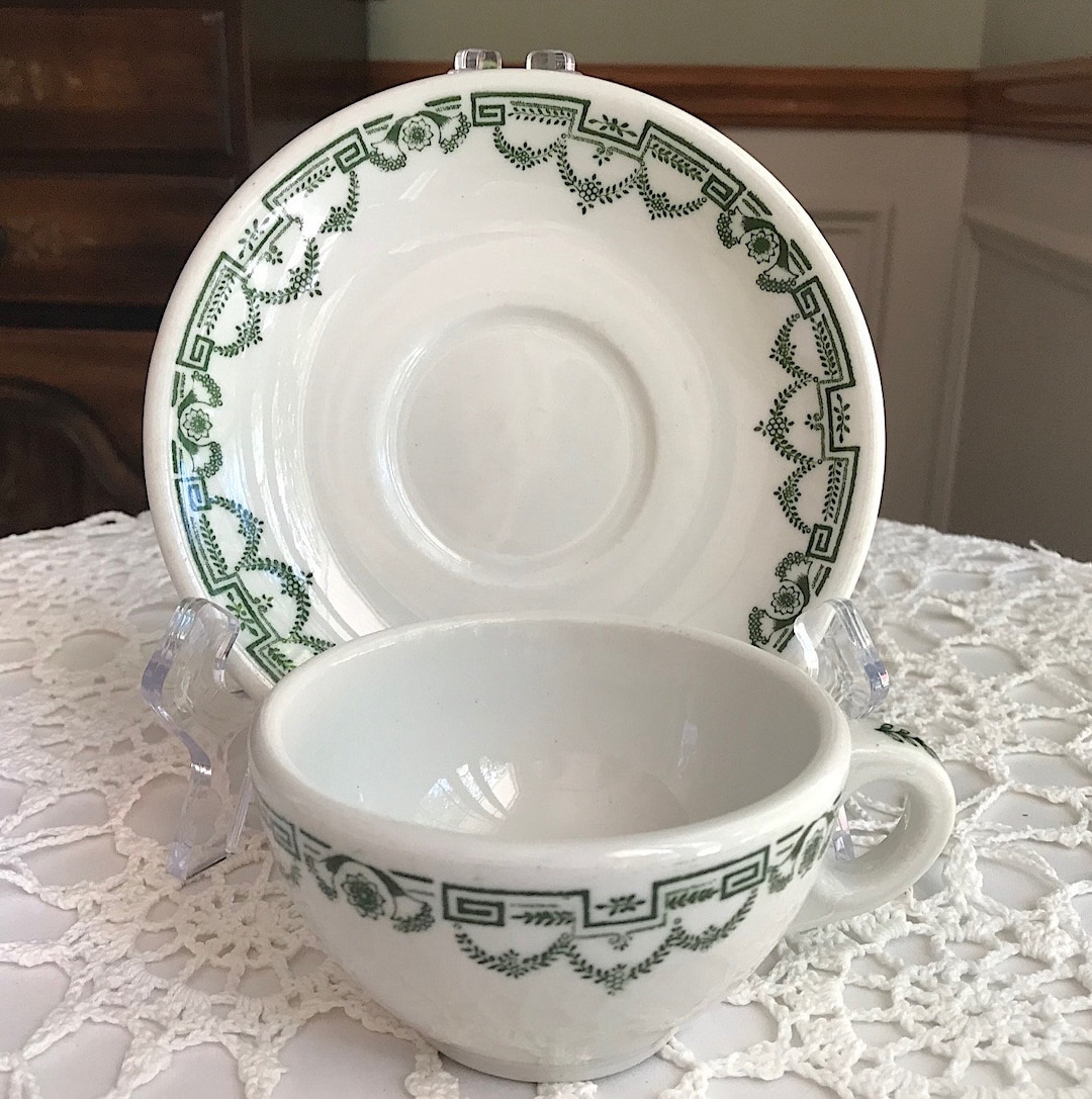 Buffalo China Plymouth Green Cup and Saucer Sets Early 1900s