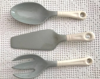 Harker Pottery Gray And  White Pie Cake Server Spatula Salad Fork And Spoon