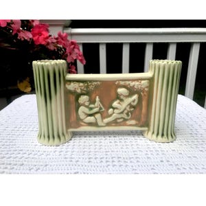 Antique ROSEVILLE DONATELLO Cherubs Pottery Double Bud Gate Vase Candle Holder c 1915