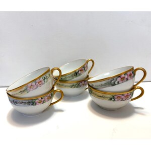 Set di 6 tazze da tè in porcellana Art Nouveau con bordo dorato dipinto a mano, colore celadon rosa, provenienti dal Giappone.