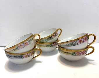 6er Set Handbemalte Jugendstil Porzellan Teetassen Rosa Seladon Japan