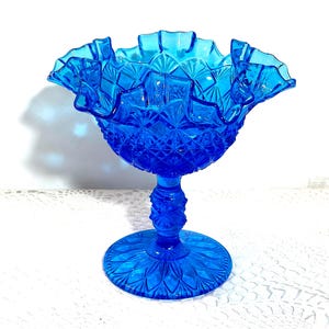 Fenton Fine Cut & Block Colonial Blue Pedestal Compote Candy Dish Ruffled Crest 6 1/4"