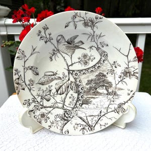May include: A cream-coloured ceramic plate with a detailed sepia-toned bird and floral design. The plate features a bird perched on a branch, surrounded by leaves and flowers. A landscape scene is also depicted. The plate is displayed on a white stand.